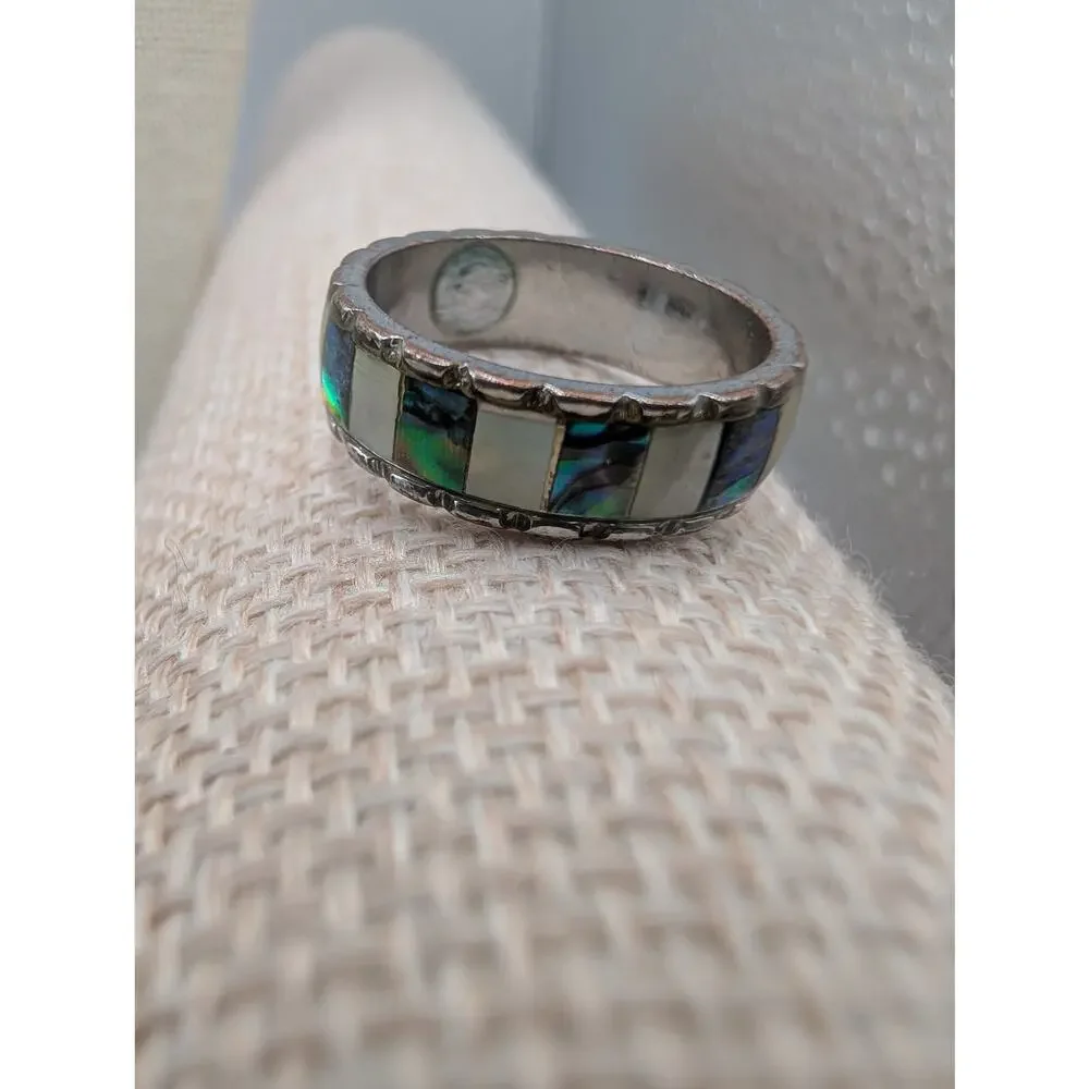 Fashion Band Ring Abalone Shell & Mother of Pearl Inlay Size 7 Silver Tone Wide